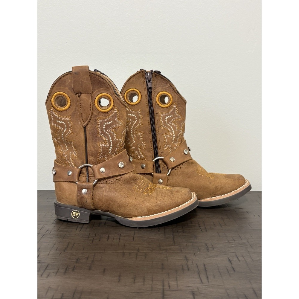 RW Brown Leather Western Boots Girls 16.5 US 9.5 Rhinestone Stud Ankle Harness
